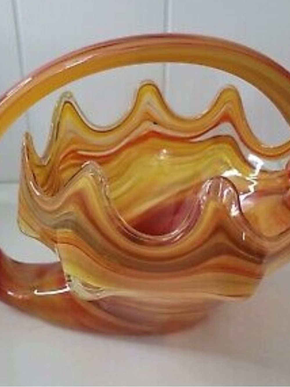 Vintage Swan Hand Blown Art Glass Candy Dish with Handle Amber Swirl